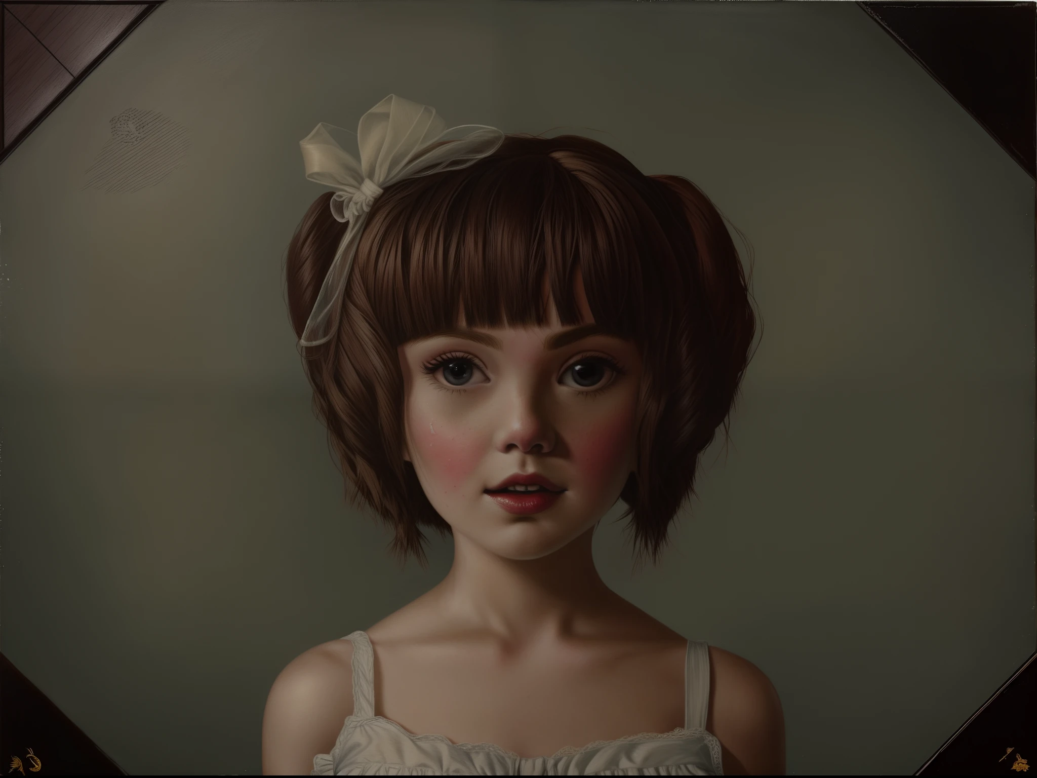 lostgirls, a painting of a girl in a dress with a porcelain doll face, have her in a tiny room