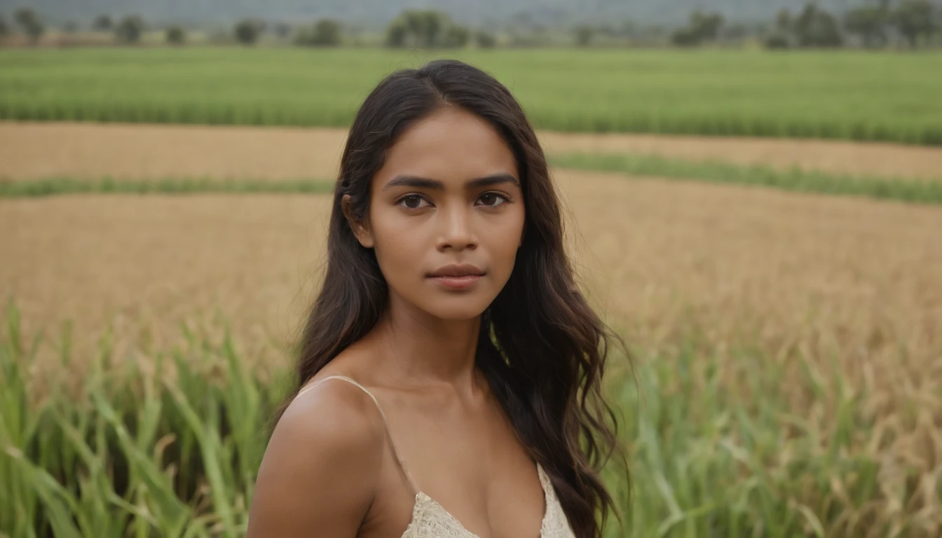 east timorese 21 years old women stand in rice field wears no clothes back shot , 8k, ultra realistic