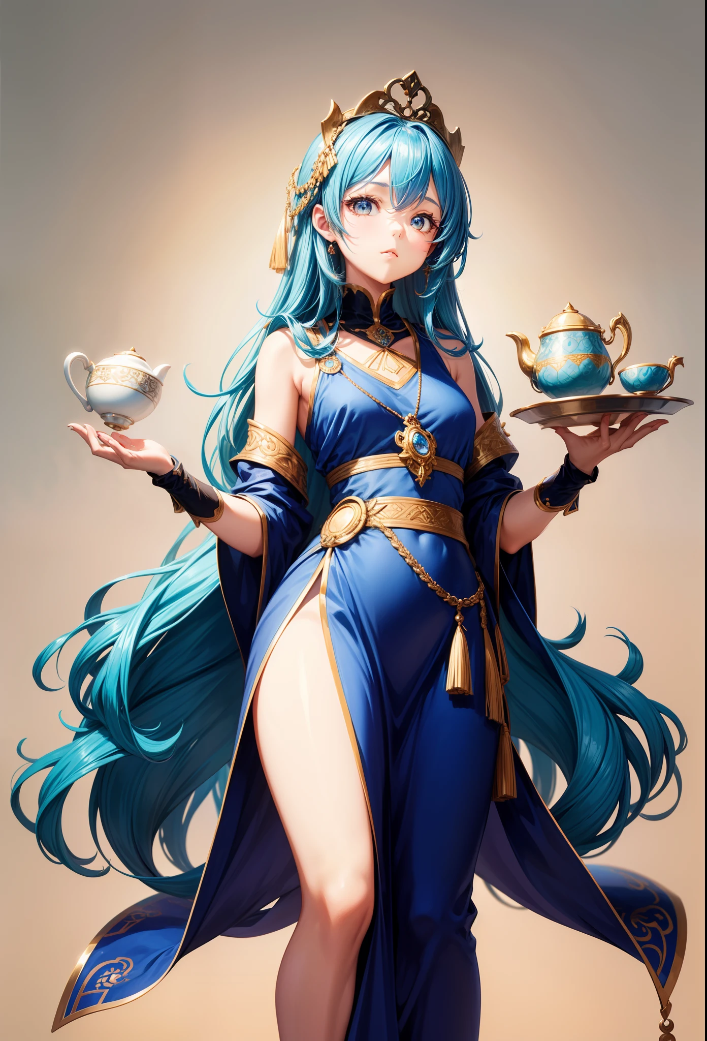 png tuber girl, waist up figure, neutral expression, simple background, full figure, looking at the viewer from afar, front facing, simple one color background, blue hair, elegant, elegant vintage dress, holding vintage ethnic teacup.