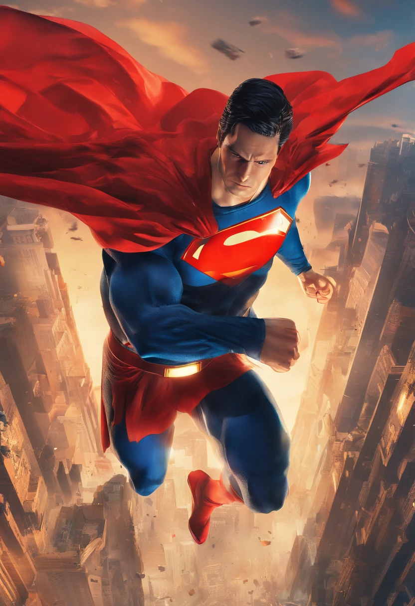 one muscle, Powerful Superman in a dynamic flying pose, with a confident and determined expression on his face. His iconic red and blue superhero costume is highly detailed, mostrando as texturas e contornos do tecido. As cores vibrantes do traje, including the bright red cloak that flows behind him, Crie um impacto visual impressionante. The symbol of the House of Him, the iconic Superman emblem, is prominently displayed on his chest.
The work has a medium of comic book illustration, capturing the essence of the beloved DC Comics character. The lines and shading are crisp and clean, giving the image a dynamic and energetic feel. It combines elements of traditional hand-drawn artworks with digital coloring techniques, resulting in a visually stunning piece.
Enquanto Superman assume o centro do palco, the background features the iconic skyline of Metropolis with its towering skyscrapers, todos banhados pela luz quente do sol. The buildings are highly detailed, featuring a blend of contemporary architecture and the classic art deco style that is synonymous with the world of Superman.
The lighting in the artwork is dramatic, with sunlight casting strong shadows on Superman's muscular physique, emphasizing their strength and power. Using highlights and shadows adds depth and dimension to the image, Bringing it to life.
The color palette of the work is rich and vibrant, with bold primary colors dominating the scene. O vermelho e o azul do traje do Superman se destacam contra os tons quentes da paisagem urbana, criando um contraste visualmente cativante.
Geral, This work is of the best quality, with ultra-detailed, realistic rendering. Every muscle and line in Superman's body is meticulously portrayed, highlighting his physical prowess and superhero status. Attention to detail creates a sense of realism, fazendo com que o espectador se sinta como se estivesse testemunhando o voo do Superman pessoalmente.
This prompt is suitable for