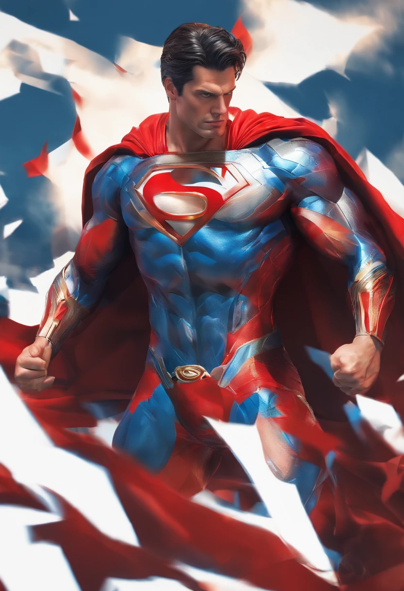 superman, red eyes, angry face, torn cape, torn suit, muscular bodies, destroyed city. red and blue suit, destroyed flags, torn clothes.((8k, Fotos RAW, calidad superior, obras maestras), High Definition RAW color photos professional close-up photos, (realista, fotorrealismo: 1.37), (highest qualityr), (mejores sombras), (mejores ilustraciones),, (( ultra-high-resolution, 8K HD Unified CG Wallpapers, Physical representation, movie lighting), ((foto de cuerpo completo: 1.2)), luz especialmente fuerte,