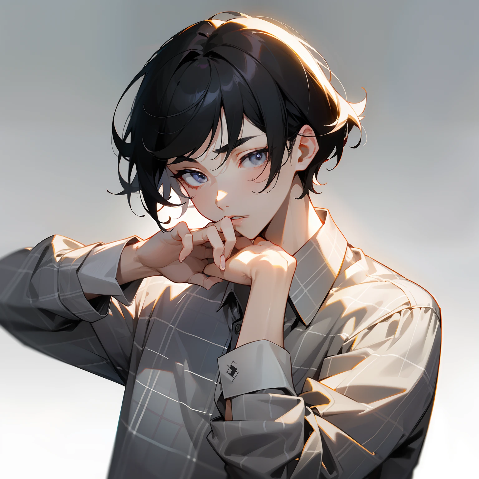 One guy、grey eyes、A dark-haired、short bangs、Upbank、Male Focus、Lowered eyebrows、large lips、White and light grey plaid shirt、Plaid、beautifull hands、Clean hands、Thin、年轻、simple background、Hand rotating at right angles、right angles、A slender