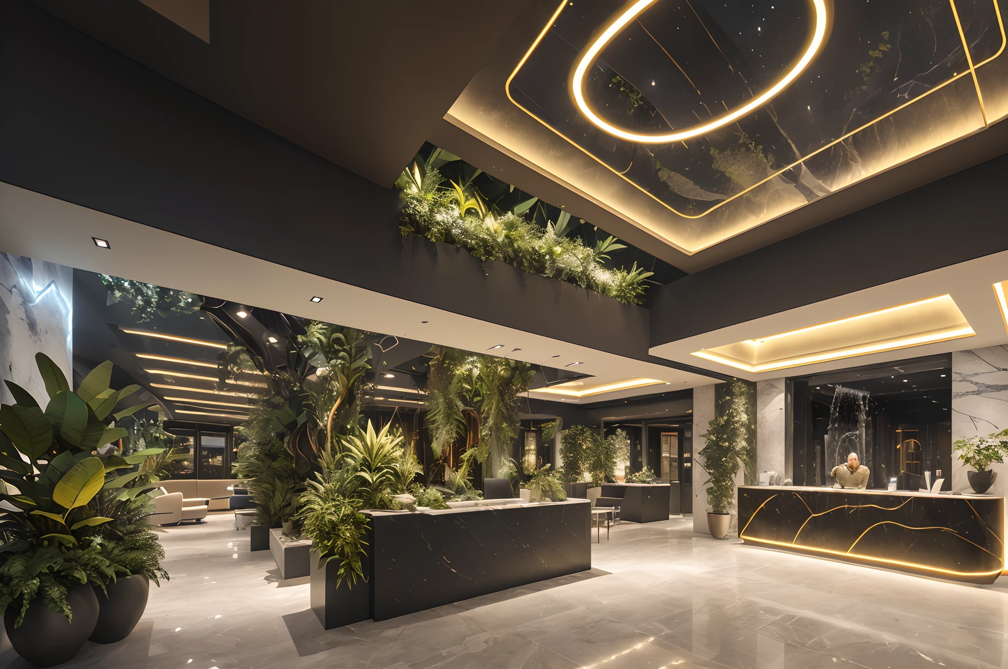 amazing golden luxurious futuristic military style interior with reception desk, huge military flag and lots of (((Lush plants))) (lotus flowers), ((Palm trees)), rock walls, ((sand)), ((waterfalls)), (marble), ((precious minerals)), ((metal)), (Precious stones), Crystals, Clouds and ((Water)), Curvy Futuristic Furniture, (((Ultra Luxury))), (Golden Marble) –with ((Beautiful Lights)), Unreal Engine, HQ, 16k