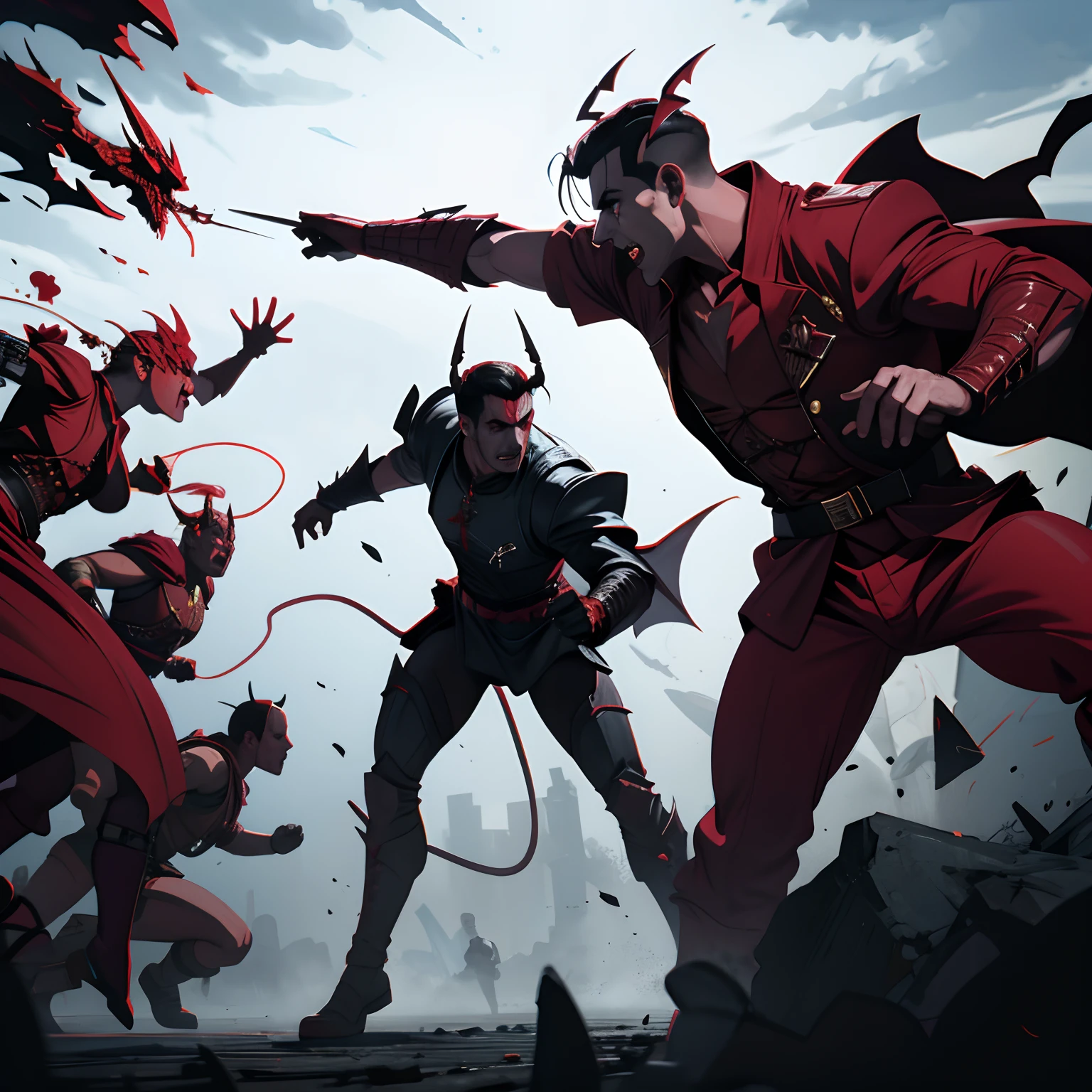 Demon-armed troops entering battle Hyper realistic super detailed war Dynamic poses of 10 demons with a super detailed hyper realistic Dracula