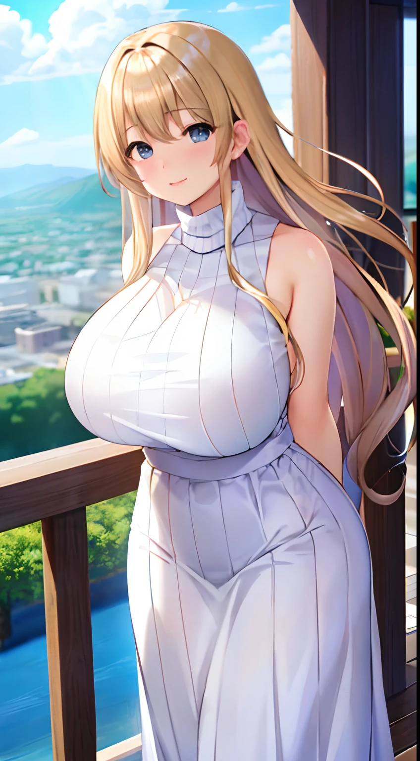 ​masterpiece、top-quality、Ultra Detail、beautiful  lighting、femele、(Big breasts:1.7)、Thin waist circumference、shaking boobs、Super long blonde hair、(White maxi length sweater:1.2)、turtle neck、is standing、on the park、beautful view、little blush、A smile、（cute smile face：1、1）、（shiny lip：1.1）、（beautidful eyes：1.1）、amazing background、D on the back of the arm_Back、Active Actions、White sneakers、