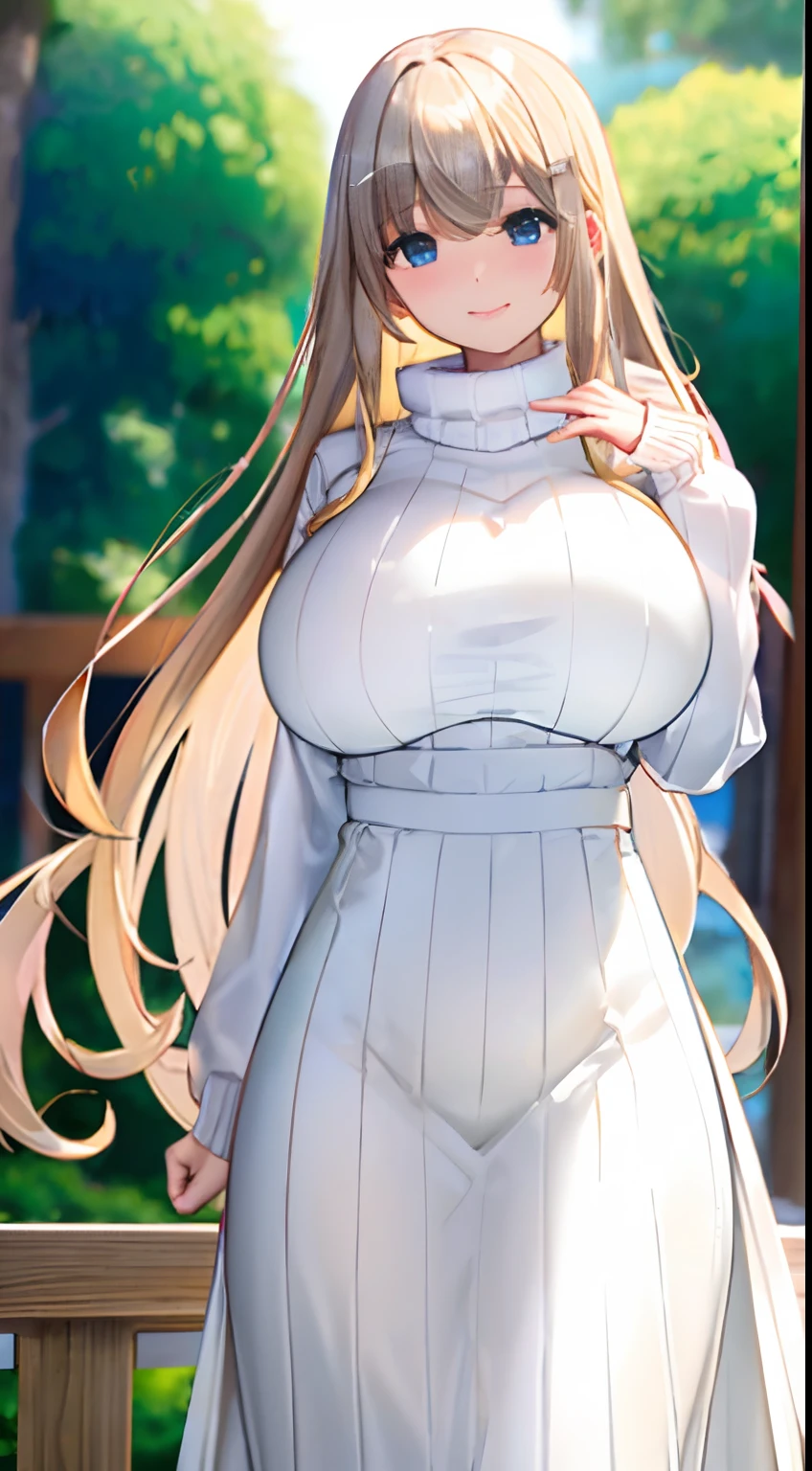 masterpiece、top-quality、Ultra Detail、beautiful lighting、femele、(Big breasts:1.7)、Thin waist circumference、shaking boobs、Super long blonde hair、(White maxi length sweater:1.2)、turtle neck、is standing、on the park、beautful view、little blush、A smile、(cute smile face:1、1)、(shiny lip:1.1)、(beautidful eyes:1.1)、amazing background、D on the back of the arm_Back、Active Actions、White sneakers、