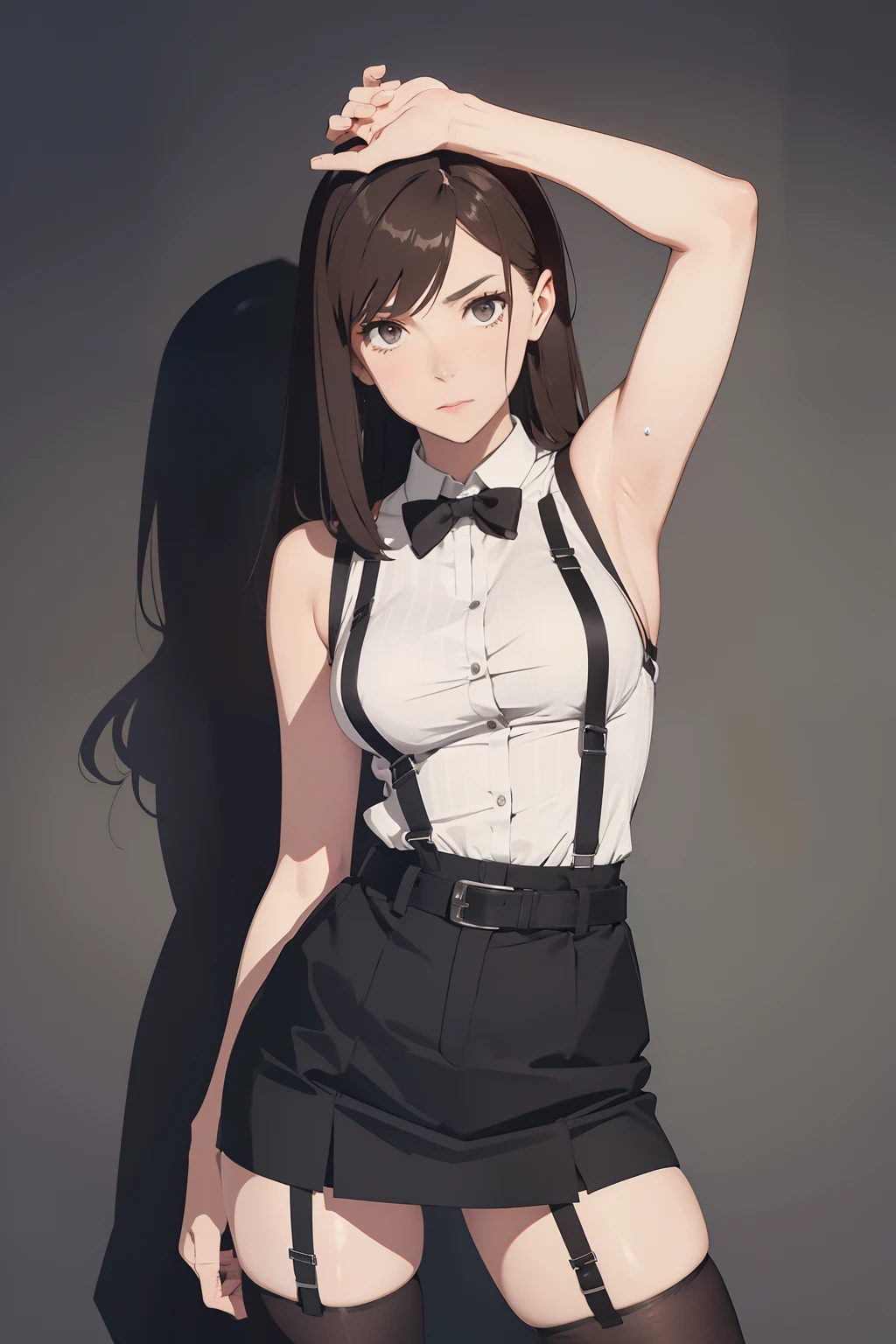 Black skirt, suspenders, Brown hair Gray eyes, Garter belt on the legs, Tight clothes, a belt Armpit sweat deadpan Moderate breasts tank top