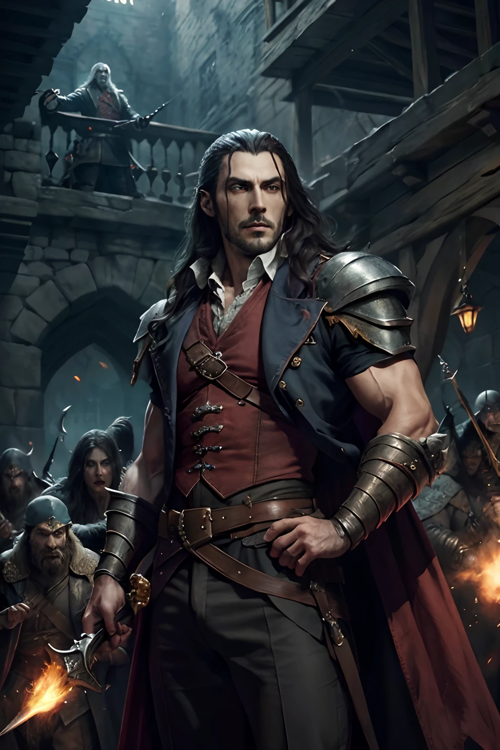 Castlevania Lord of the shadows hyper realistic super detailed handsome muscular Lord Dracula leading troops army of demons to battle War hyper realistic super detailed