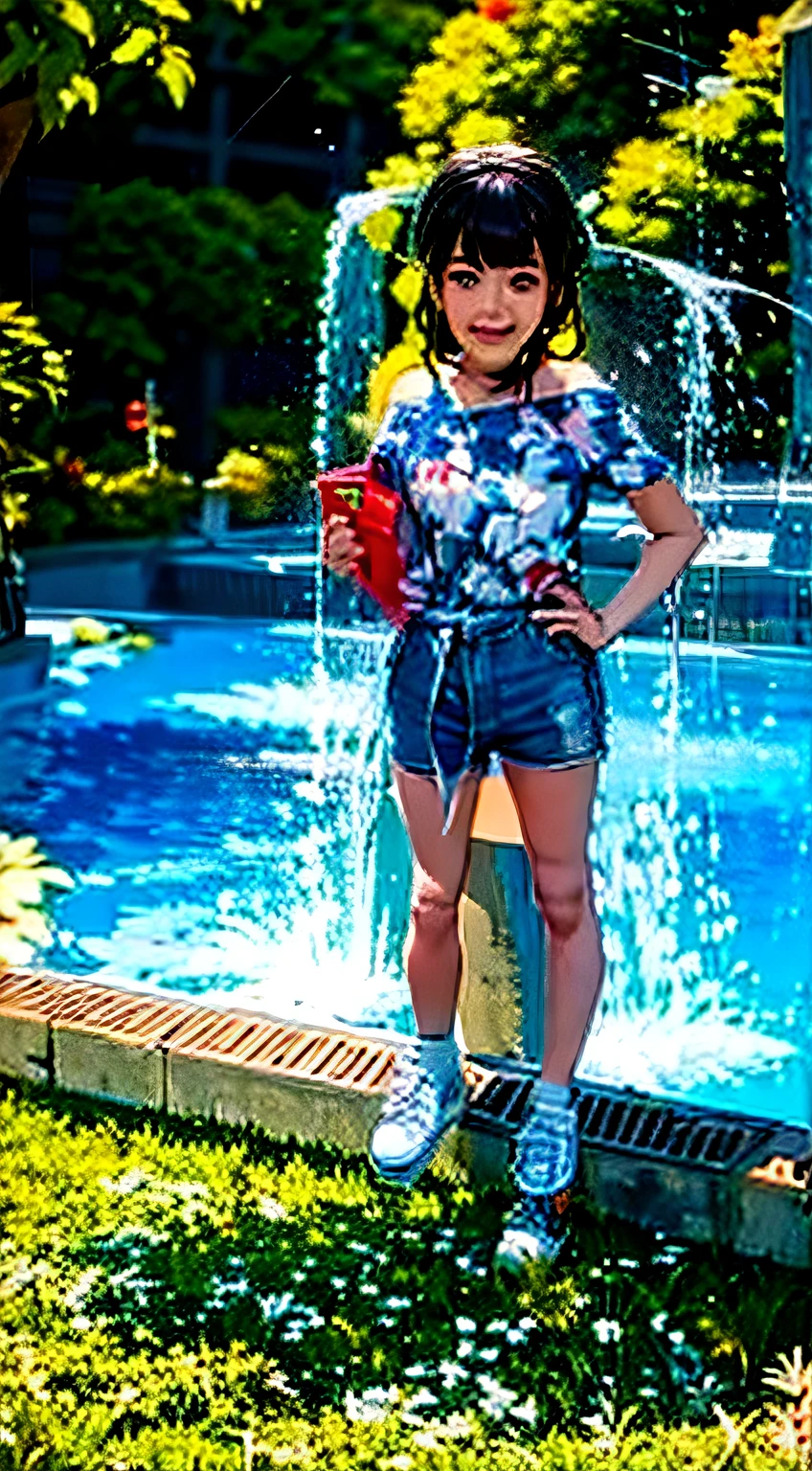 a young woman standing in front of a water fountain, standing next to water, em um parque, vestido com um top e shorts, imagem de corpo inteiro, anime, estilo de imagem realista