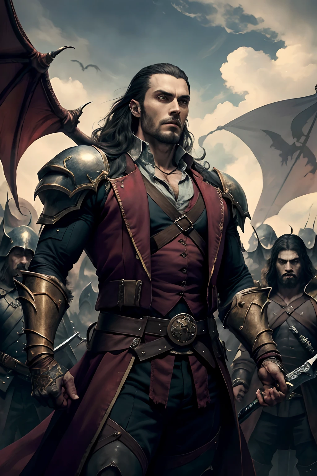 Castlevania Lord of the shadows hyper realistic super detailed handsome muscular Lord Dracula leading troops army of demons to battle War hyper realistic super detailed