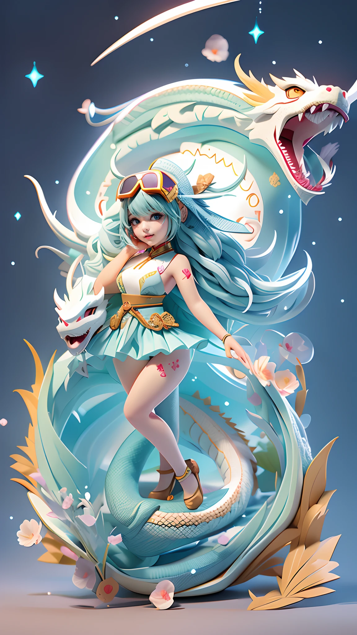 （Blind box toy style：1.2），Sexy confident girl and dragon，(((A girl stands on the head of a Chinese dragon)))，Transparent mech，Exquisite helmet：1.2，Transparent Goggles：1.2，cyber punk perssonage，dreamy glow，Ren，white backgrounid，（globalillumination，Ray traching，hdr，The rendering is not realistic，Rational design，high detal，tmasterpiece，best qualtiy，hyper HD，cinmatic lighting）