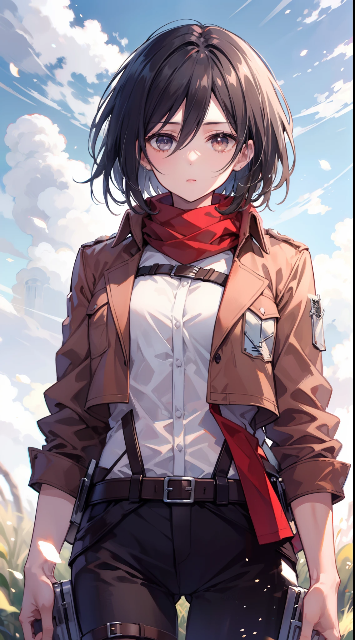 top-quality,Masterpiece,masterpiece,detail portrayal,Intricate details,Fine details,Best Quality,Beautiful lighting,skinny body shape,Slender body lines,Tall,Mikasa,A dark-haired,short-hair,Big beautiful eyes,Red muffler,Brown jacket,White shirt,Black pants,full bodyesbian,Depiction from head to foot,cowboy shot,grass field,A steppe on one side,Beautiful blue sky,