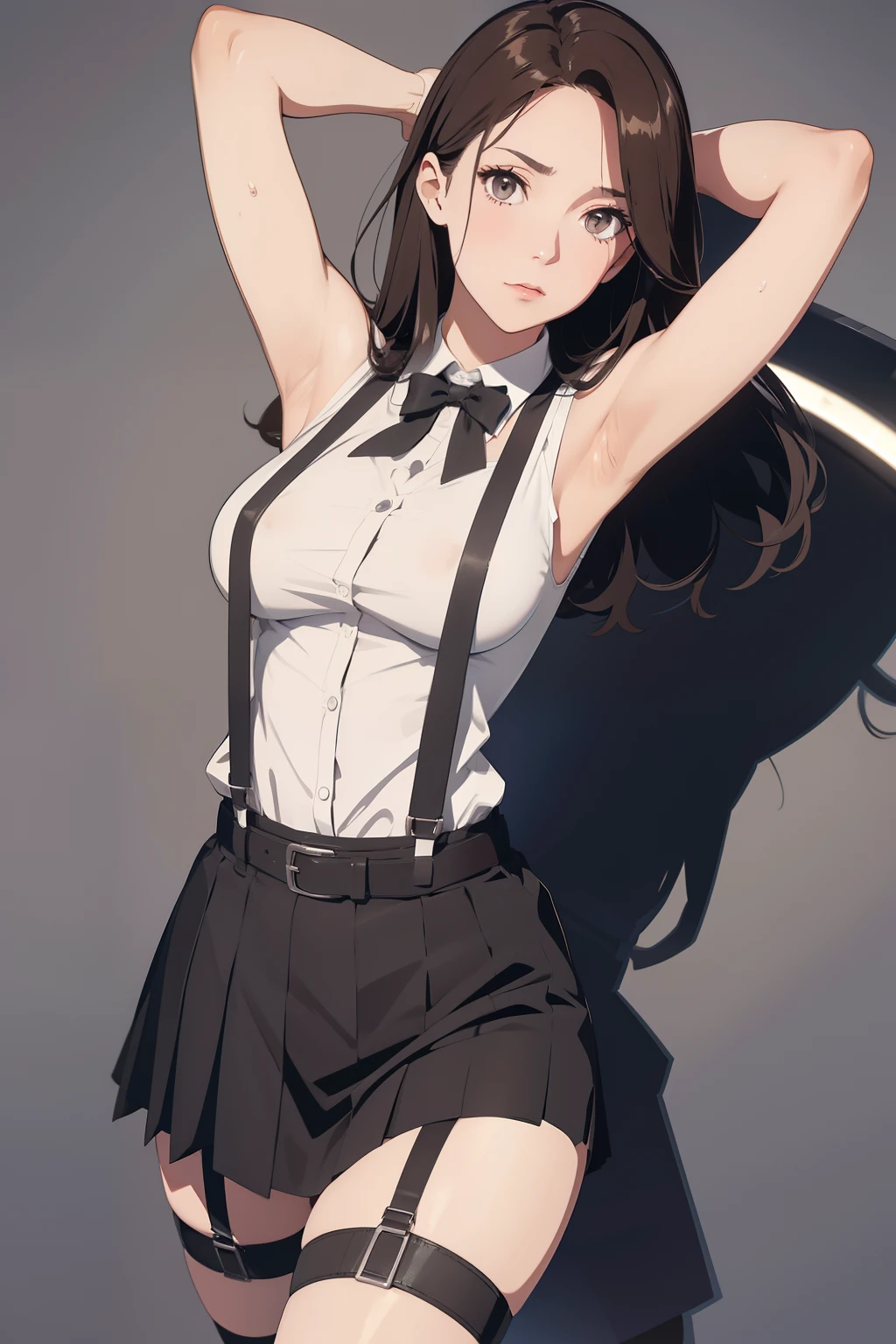 Black skirt, 　suspenders, Brown hair Gray eyes, Garter belt on the legs, Tight clothes, 　　 a belt　Armpit sweat　　deadpan　Moderate breasts tank top