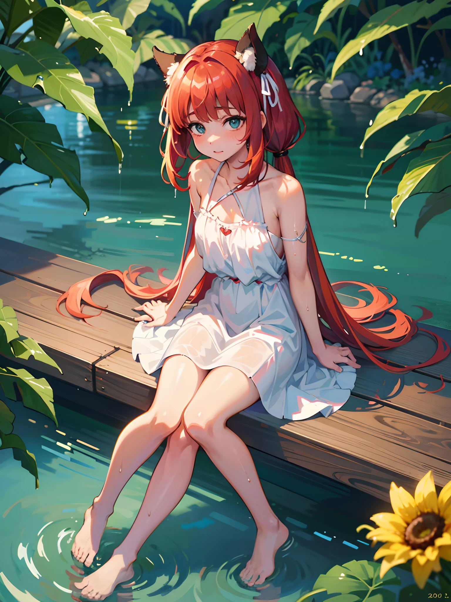 ((Best Quality, 8K, Masterpiece: 1.3)), {{Masterpiece}}, Illustration, Best Quality, Very Detailed CG Unity 8k wallpaper, 1girl_solo, full_body, from_top, looking_at_viewer, looking_up, (White Pantyhose: 1.3), scarlet Hair, Double Tail, ( Dress: 1.3), hair_ribbon, Strong Edge Light, Lake, exotic Flowers, Rain, clothes splash, (wet clothes: 1.6), 20 years old, good figure, sexy and attractive woman, sitting, collarbone, slip sleeveless dress, Sleeveless, The arms are unobstructed,