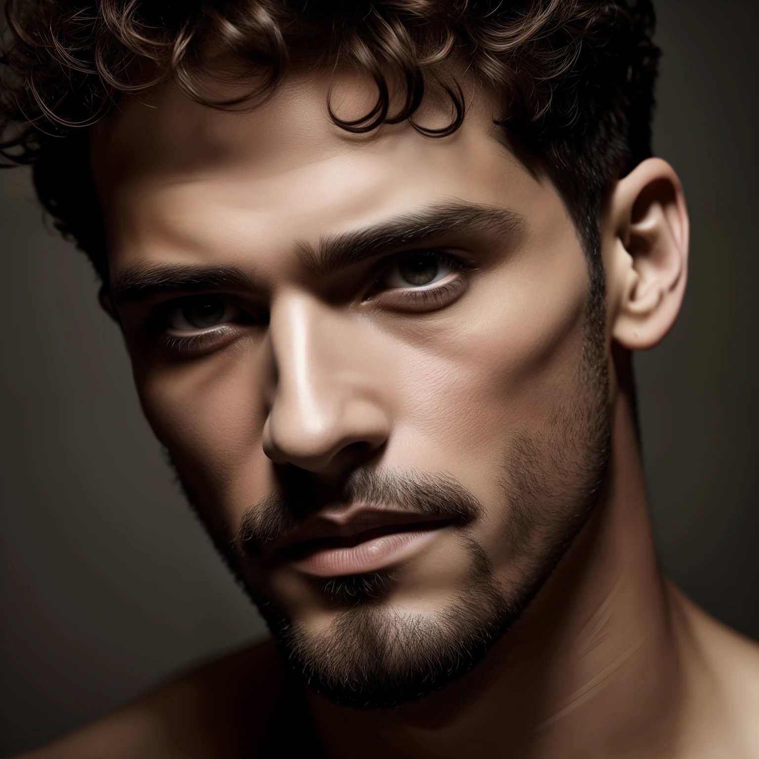 Dramatic man Beauty: Paolo Roversi's Sensuous Shadows" - Witness the drama of masculine shaven beauty in this extreme close-up. Paolo Roversi's lens accentuates his striking eyes, his (shaven face:1.2) and (his very short brown curly hair:1.2). The composition exudes a sense of timeless allure, captured with a Hasselblad X1D II 50C and a Hasselblad XCD 45mm f/3.5 lens --ar 9:16 --c 100 --s 550 --style raw