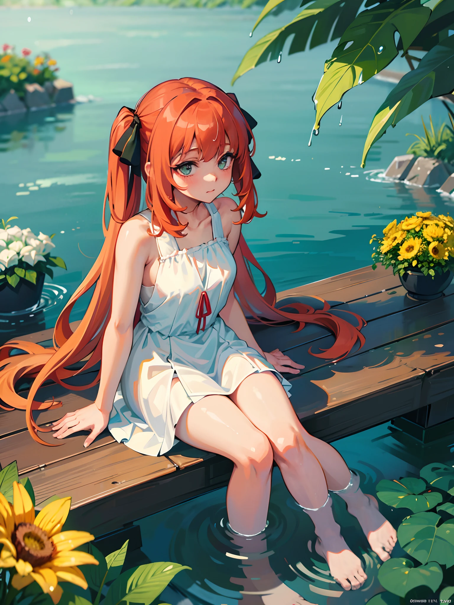 ((Best Quality, 8K, Masterpiece: 1.3)), {{Masterpiece}}, Illustration, Best Quality, Very Detailed CG Unity 8k wallpaper, 1girl_solo, full_body, from_top, looking_at_viewer, looking_up, (White Pantyhose: 1.3), scarlet Hair, Double Tail, ( Dress: 1.3), hair_ribbon, Strong Edge Light, Lake, exotic Flowers, Rain, clothes splash, (wet clothes: 1.6), 20 years old, good figure, sexy and attractive woman, sitting, collarbone, slip sleeveless dress, Sleeveless, The arms are unobstructed,