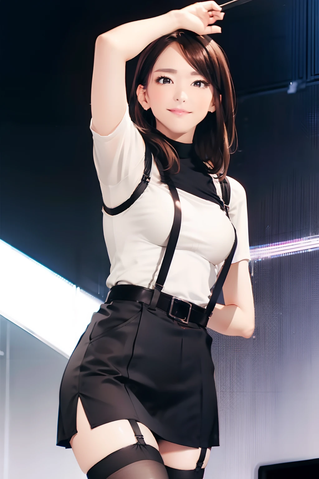 Black skirt, suspenders, Brown hair Gray eyes, Garter belt on the legs, Tight clothes, a belt Armpit sweat Tight look Moderate breasts
