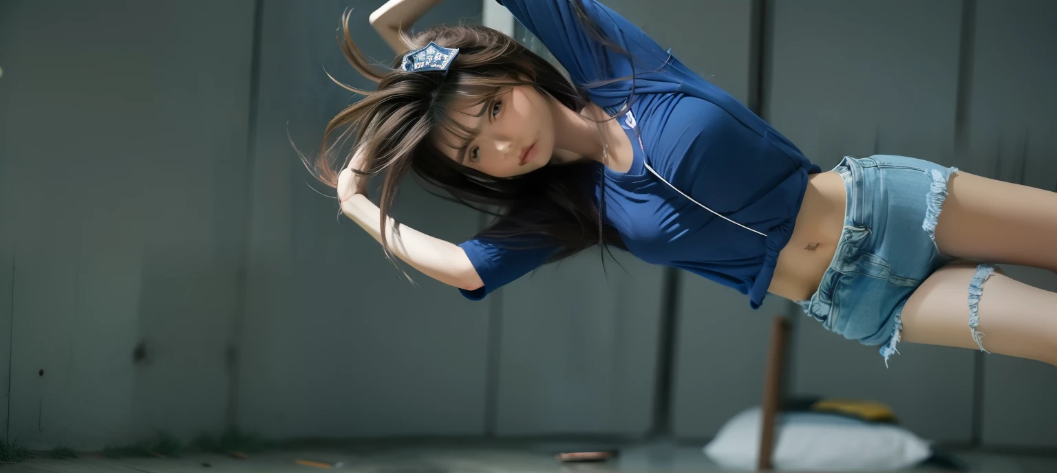 1girl, blue t-shirt denim, shorts, large headscraf ultra detail, realistic, 70mm lens
