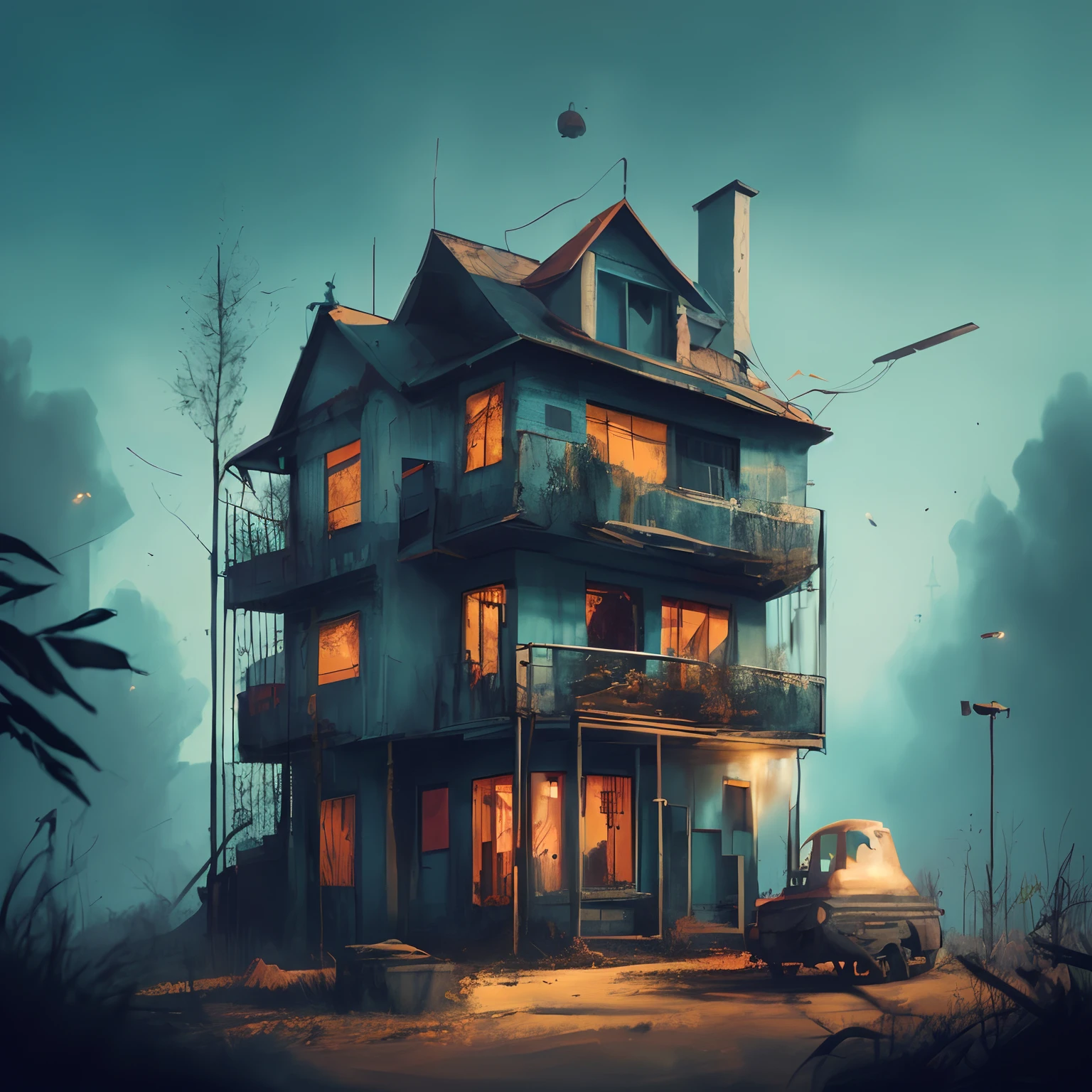 pintura de uma casa com um carro estacionado em frente, No estilo de arte de Filip Hodas, Stefan Koidl inspirado, arte de fantasia urbana estilizada, inspired by Simon Stålenhag, inspirado em Simon Stalenhag, inspirado em Ismail Inceoglu, eerie nostalgic concept art, estilo stalenhag, simon stålenhag. arte digital; Post-apocalyptic world