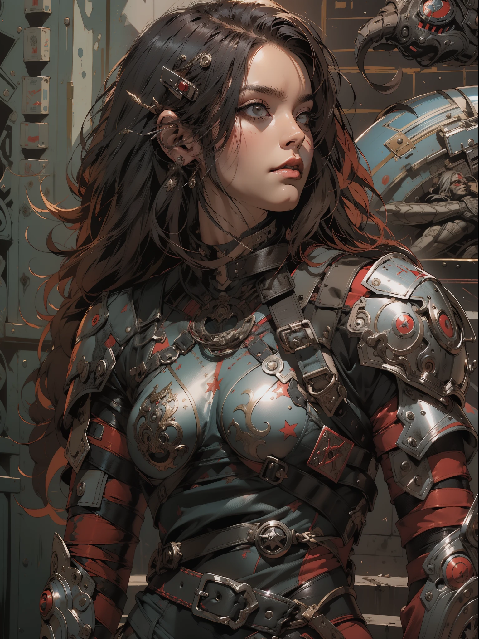(((mulher))), (((melhor qualidade))), (((obra prima))), (((adulto))), (((1girl))), ((( corte de cabelo moicano ))), Uma gladiadora cyberpunk mulher de 25 anos com corpo perfeito, alien armor, h.r. Estilo Giger, shoulder pads with metal spines, Gladiadores do Brooklyn, (( corte de cabelo moicano )), tiny leather panties, camiseta de time de rugby rasgada, quase nua no estilo selvagem urbano de Simon Bisley para a capa da revista Heavy Metal, Cabelo loiro curto, Minimum clothing, Metal protection on the left arm with intricate graphics, Dark red with white stars and black and white checkerboard pattern, armadura, cheio de pontas e rebites, (((do joelho pra cima))), cabelos loiro branco curto, no fundo uma parede pintada por Shepard Fairey com um design intrincado
