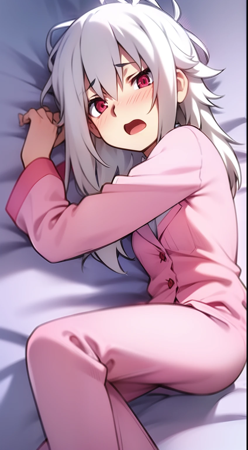 Solo girl, white hair, red eyes, blush, cute girl, long white hair, young girl, wearing pink pajamas, oversized pajamas, yawning, open mouth, lying on bed, sleepy, just woken up, on bed, white socks, pink shorts, slim legs, slim waist, small boobs,