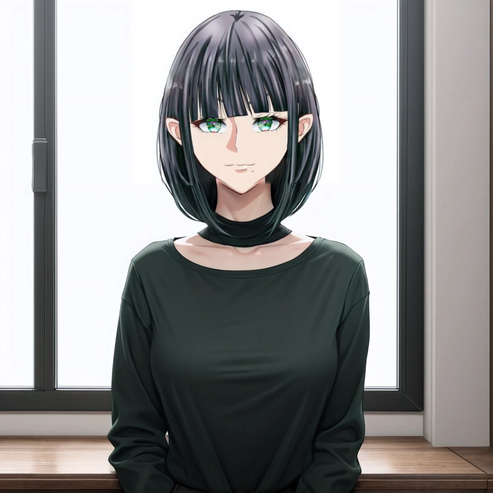 (((masterpiece))), (((best quality))), ((ultra-detailed)), (highly detailed CG illustration), ((an extremely delicate and beautiful)),((Near-black, deep muted dark green t-shirt:1.5)), ((Very dark green t-shirt:1.5)),((plain t-shirt:1.5)),(long sleeves:1.5),(Casual T-shirt),(From slight side:1.3), (The side of one arm is visible),(very loose T-shirt:1.2), (plain t-shirt), upper body,portrait of an anime girl, t-shirt,1girl, solo,dark gray hair, (dark green eyes:1.3), looking at viewer,smiling,bad-girl,mature female, anime girl with short hair, ((medium breasts:1.3)), cute natural anime face, detailed anime soft face, cute anime face, flat anime style shading, face anime portrait, made with anime painter studio, semirealistic anime style, perfect anime face, extremely cute anime girl face, high detailed face anime, pretty anime face, semi realistic anime, detailed anime face