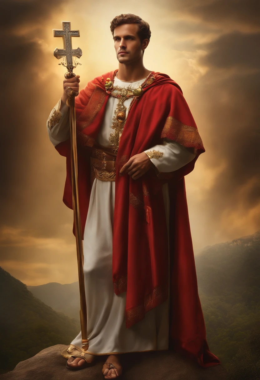 soldado romano segurando uma cruz escrita hoje. Foto realista. Catholic saint. Santo Expedito. Homem bonito, soldado bonito.