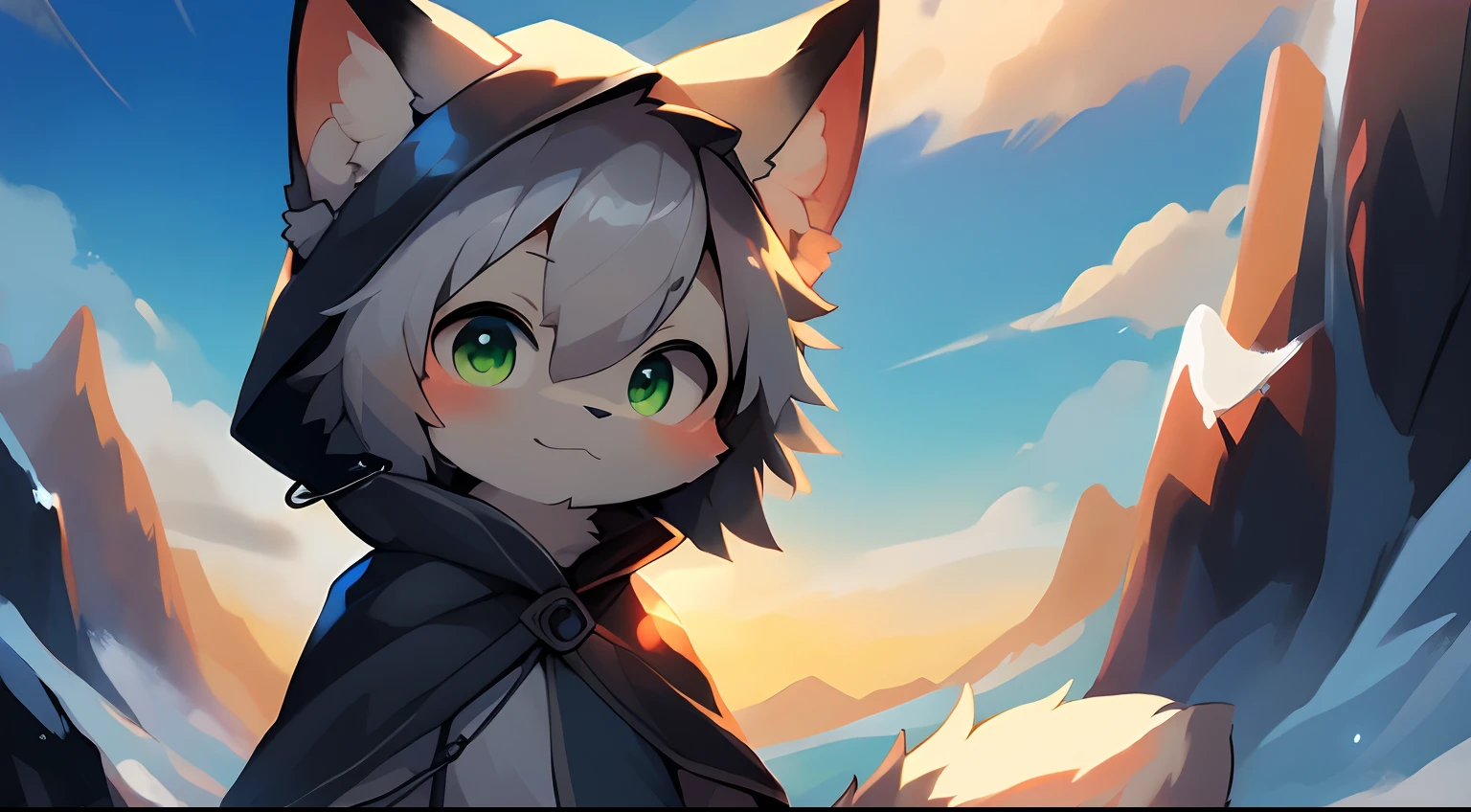 (Bright environment:0.8),Masterpiece,High quality,abstract res,Digital painting\(artwork of a\), by Dagasi, Yupa,Kiyosan,(anthro,Fluffy fur,Character focus:1.1),anthro male cat,Short hair,Portrait , eyes with brightness, in a panoramic view, Character focus.(mountainside,blue-sky:0.7), (Solo:1.2), shaggy, Furry boys,Cute face, (Large silver cloak:1.2),Look at the screen,(Full Body Furry, Fluffy tail, White fur,A pair of ears,The character is on the right, Dark blue earbuds ,Green eyes, Gray hair:1.2), (felid：1.2）,Stand on the top of a snowy mountain,