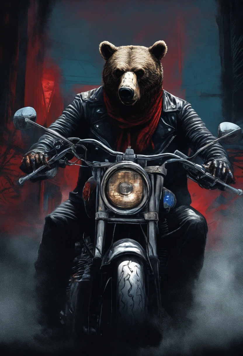 a bear, red scarf, black sunglasses, sinister smile, He's sitting on a harley davidson motorcycle, (vivid colors: 1.5)