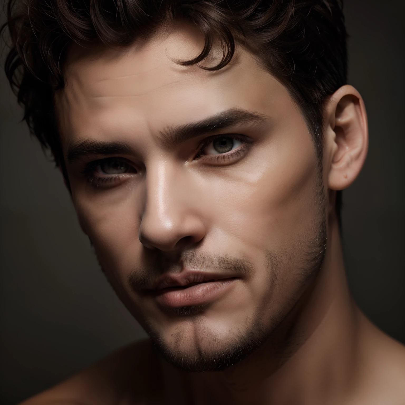Dramatic Man Beauty: Les ombres sensuelles de Paolo Roversi" - Witness the drama of male shaved beauty in this extreme close-up. Paolo Roversi's lens accentuates his striking eyes, his shaved face:1.2 and her very short curly brown hair:1.2. (shaven:1.3). The composition exudes a sense of timeless allure, captured with a Hasselblad X1D II 50C and a Hasselblad XCD 45mm f/3.5 lens --ar 9:16 --c 100 --s 550 --style brut