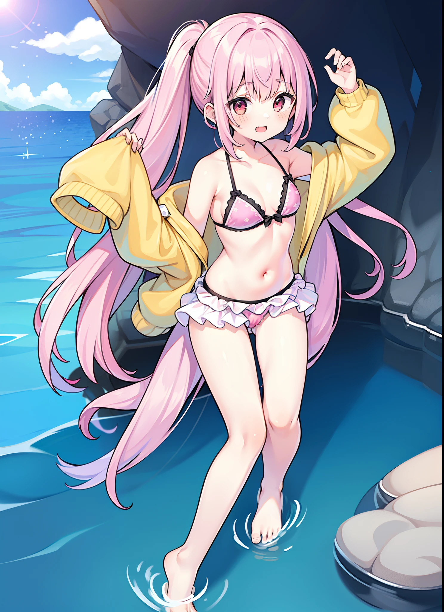 1 girl, young, Pink hair, red eyes, emo hairstyle, long spiky ponytail, light skin, small breasts, yellow hoodie jacket, open clothes, pink frilly bikini, detailed body, detailed face, detailed eyes, glistering body, shiny body, skinny, high quality, masterpiece, :), full body, Pink flip flops, beach, sea, clear sky,
