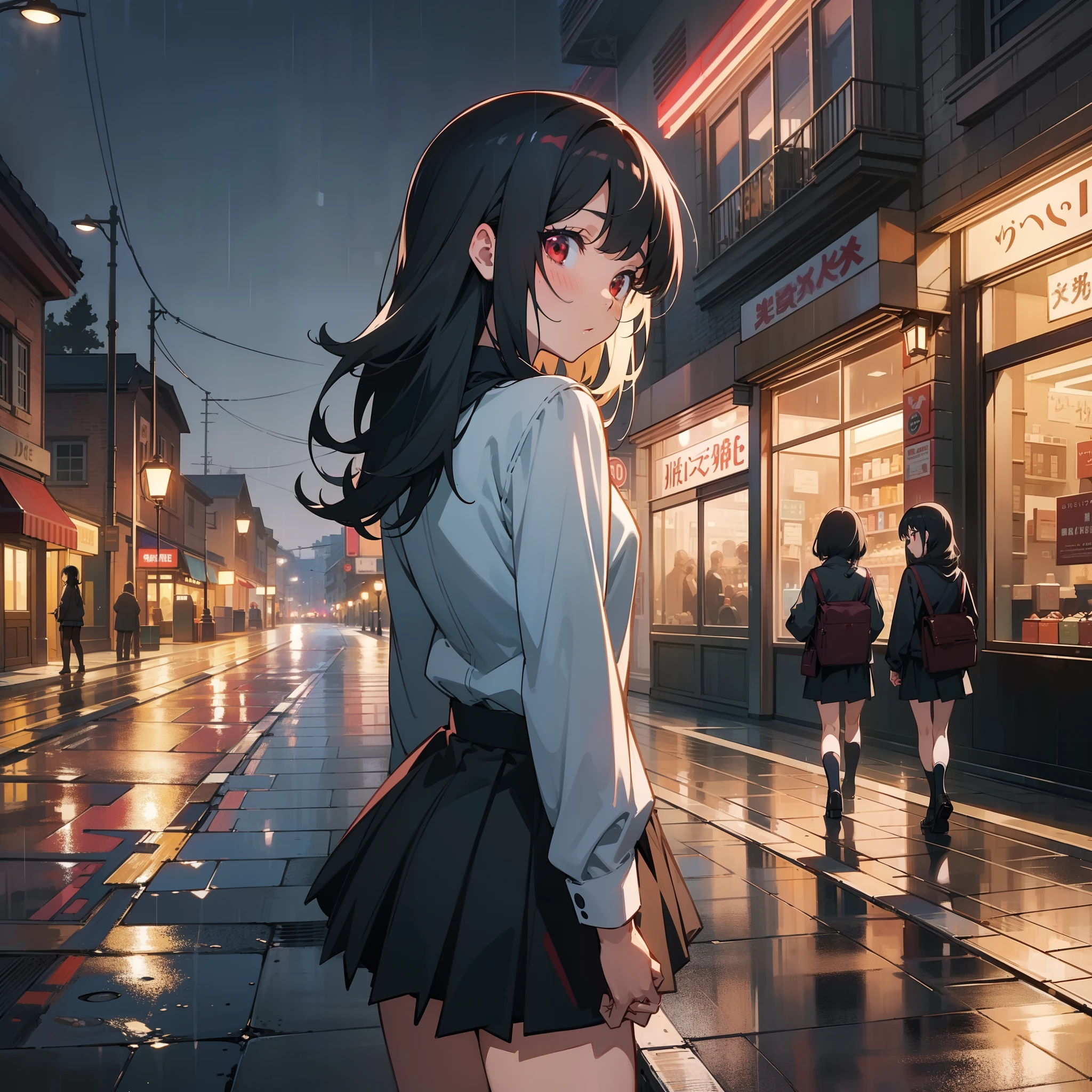 masterpiece, best quality, 4k, high_res, extremely detailed, anime style, anime girl, innocent, looks away, black hair, dark red eyes, black shirt, black miniskirt, rain, night, lamp post, shops, street, night lighting