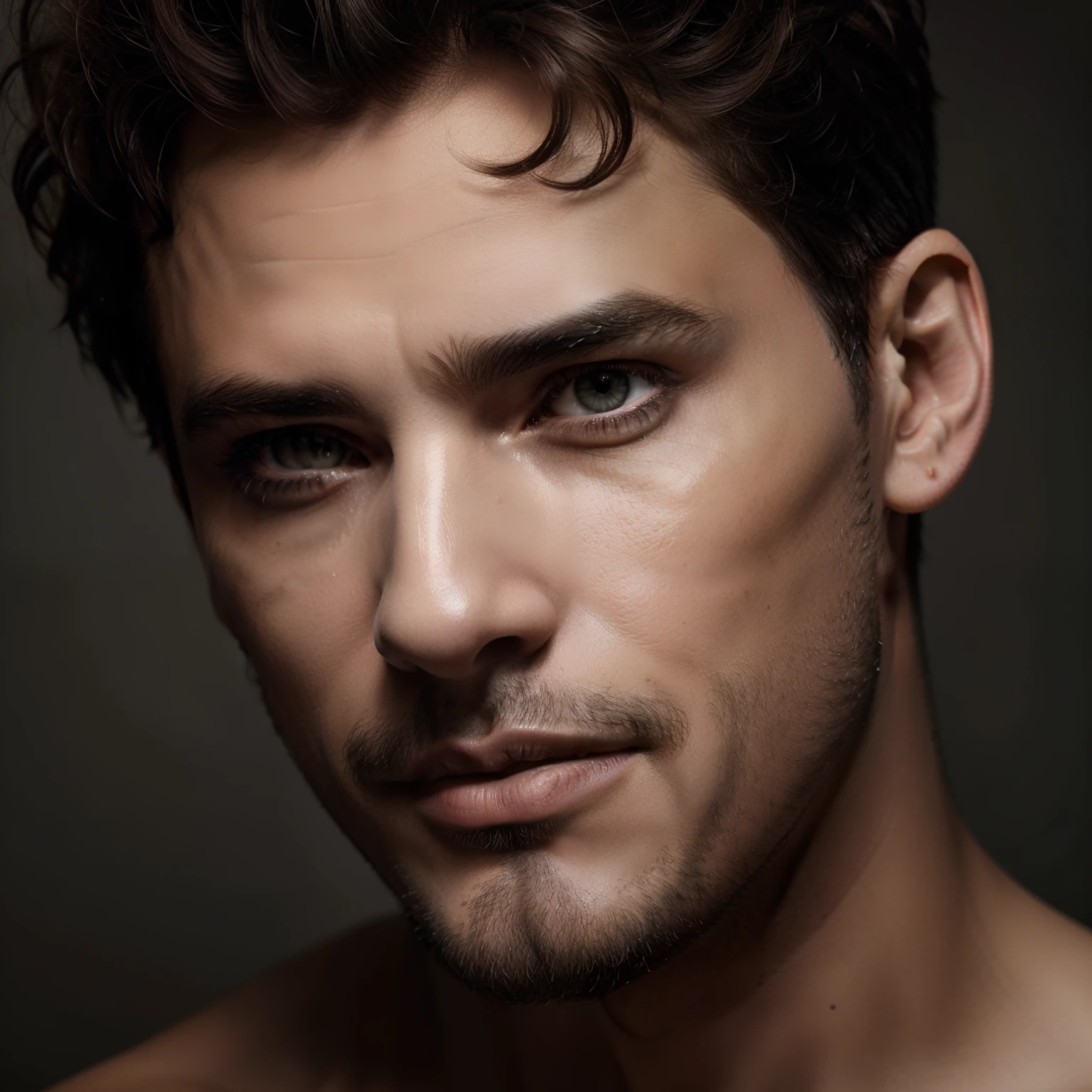 Dramatic Man Beauty: Les ombres sensuelles de Paolo Roversi" - Witness the drama of male shaved beauty in this extreme close-up. Paolo Roversi's lens accentuates his striking eyes, his shaved face:1.2 and her very short curly brown hair:1.2. (shaven:1.3). The composition exudes a sense of timeless allure, captured with a Hasselblad X1D II 50C and a Hasselblad XCD 45mm f/3.5 lens --ar 9:16 --c 100 --s 550 --style brut