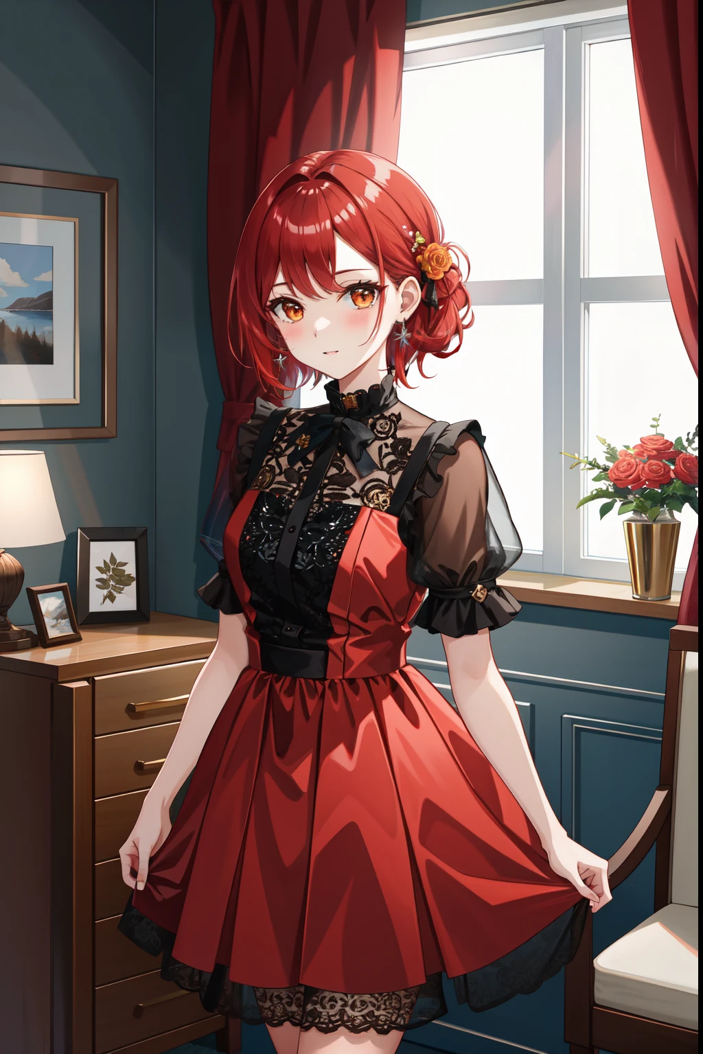 (Masterpiece:1.2), (best quality:1.2), intricate details, ultra detailed, 1girl, red hair, orange eyes, dress, shiny clothes, indoors, furniture,