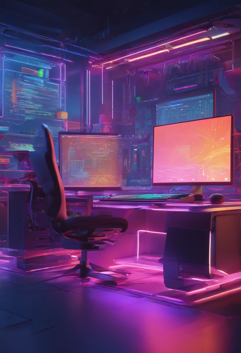 A computer desktop filled with futuristic technology. Illuminated by vibrant LED lights, the desk emanates a soft blue glow, creating an otherworldly ambiance. The camera, positioned at a slight low angle, captures the sleek, minimalist design of the desk. The frame showcases a keyboard with holographic keys, casting colorful holograms in mid-air as the user types. Adjacent to it is a transparent touchscreen monitor, displaying a three-dimensional interface that can be manipulated with gestures. Wires and cables elegantly weave around the edges, connecting various devices seamlessly. The scene is set during the late evening, with the room dimly lit except for the desk. The photograph captures the scene in a high-contrast style, emphasizing the vivid colors and intricate details. The image has a modern, futuristic vibe, reminiscent of a cutting-edge sci-fi movie.