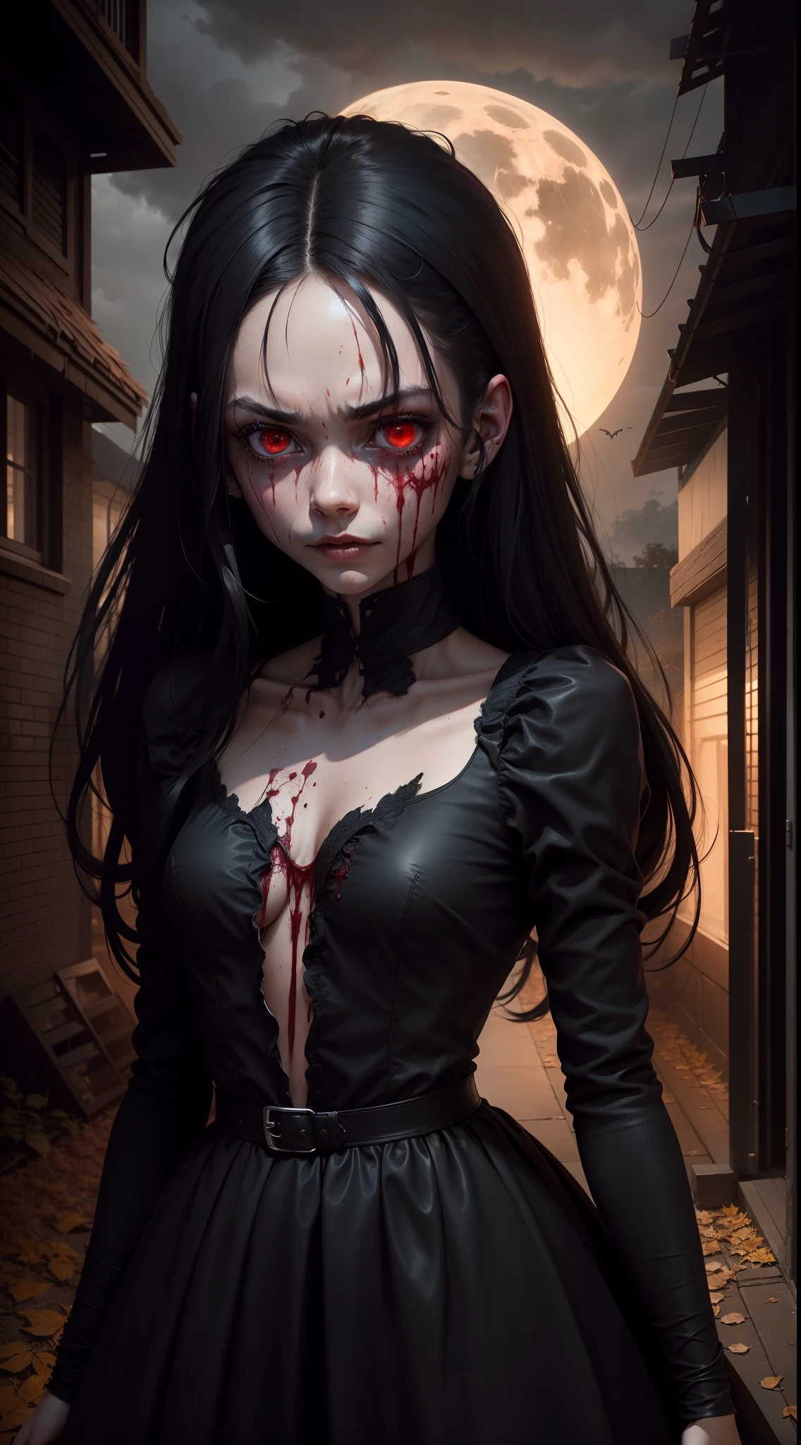 A very pal humanoid character, flying in the dark sky, she is evil, she is skinny, decay, red glowing eyes, fear, terror, frightening, sick, unusually thin, thin, she has long straight black hair, she is wearing a black dress, she is covered in dirt, her dress is ripped, there is blood on her dress, the is blood on her hands, there is blood on her face, it's night time, it's very dark, it's cloudy, it's cold, it's windy, it's fall season, leaves blowing, she is floating, flying