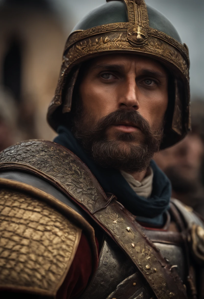 soldado romano segurando uma cruz escrita hoje. Homem bonito com uma armadura. Foto realista. Soldado segurando uma cruz. Soldado Romano. Soldado de Roma