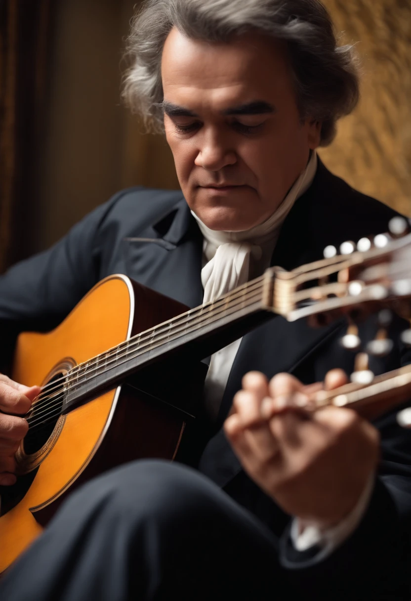 Beethoven, idade 50 anos, playing classical guitar, nylon strings