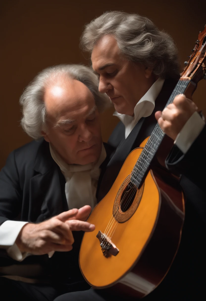 Beethoven, idade 50 anos, playing classical guitar, nylon strings