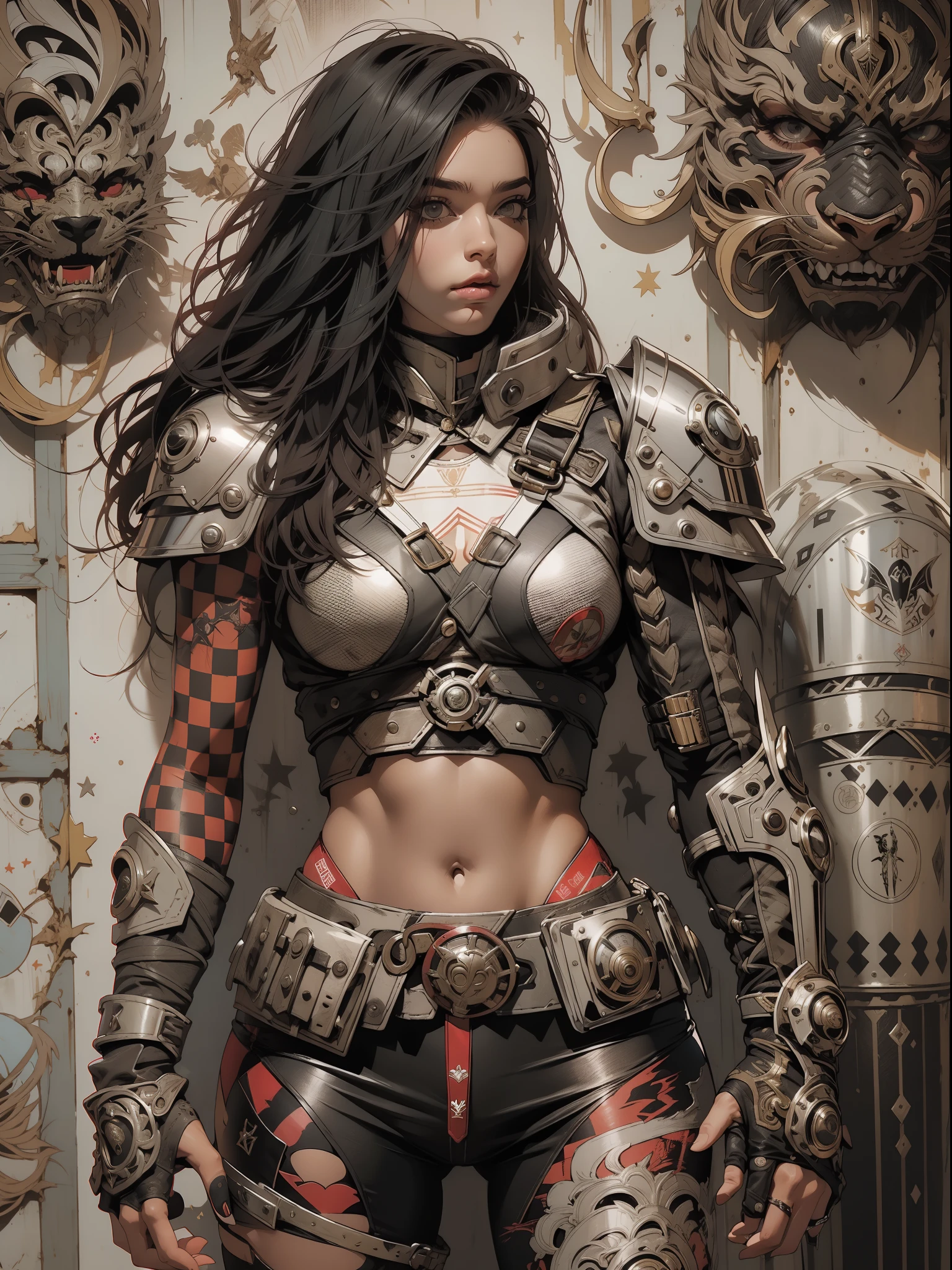 (((mulher))), (((melhor qualidade))), (((obra prima))), (((adulto))), (((1girl))), ((( corte de cabelo moicano ))), Uma gladiadora cyberpunk mulher de 25 anos com corpo perfeito, alien armor, h.r. Estilo Giger, shoulder pads with metal spines, Gladiadores do Brooklyn, (( corte de cabelo moicano )), tiny leather panties, camiseta de time de rugby rasgada, quase nua no estilo selvagem urbano de Simon Bisley para a capa da revista Heavy Metal, Cabelo loiro curto, Minimum clothing, Metal protection on the left arm with intricate graphics, Dark red with white stars and black and white checkerboard pattern, armadura, cheio de pontas e rebites, (((do joelho pra cima))), cabelos loiro branco curto, no fundo uma parede pintada por Shepard Fairey com um design intrincado