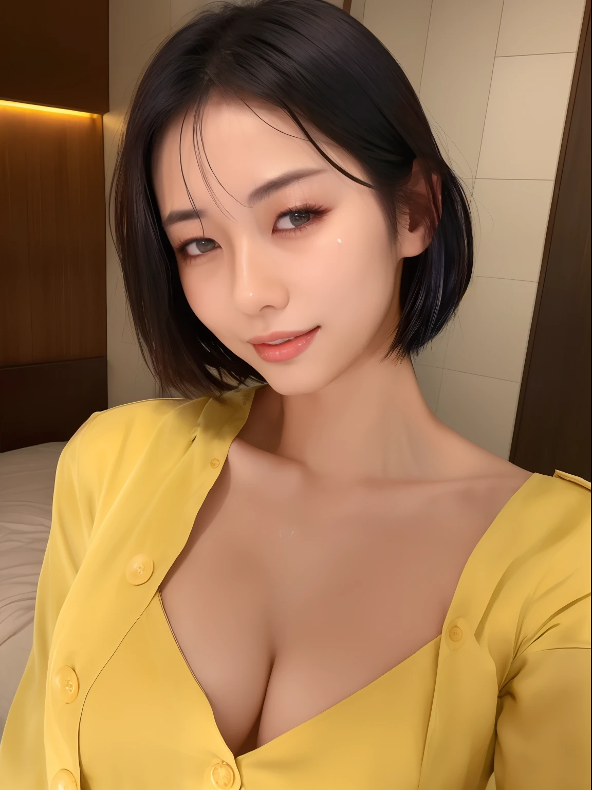 ((top-quality、8K、​masterpiece:1.3))、foco nítido:1.2、Beautiful woman with perfect body:1.4、Slim abdomen:1.2、((Layered Haircut))、((very Bigger breasts:1.2))、(((no-bra)))、(((Erect )))、 (Small and beautiful hard nipple) 、(((Chest close-up)))、(((Exposed cleavage)))、(Thin, damp buttons up to shirt length:1.1)、(Blue shirt wet in the rain)、bedroom in luxury hotel、Wet body:1.1、Highly detailed facial and skin texture、 A detailed eye、二重まぶた、skin tanned、A sexy、sun burn、Black Low-Rise Hot Pants、Natural smile