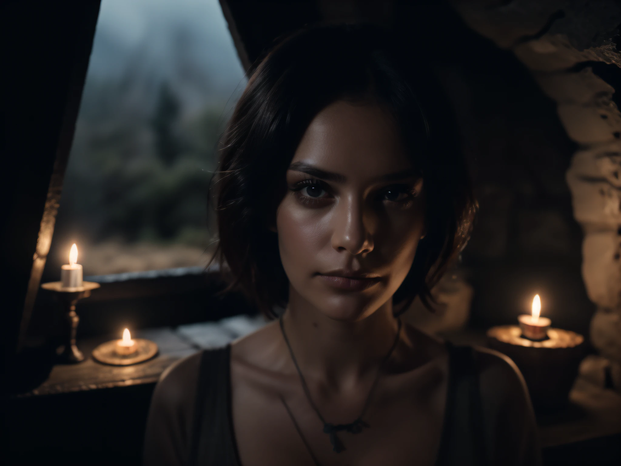 A close-up photo of a woman's face, in a medieval castle's dimly lit chamber, candlelight casting eerie shadows, a hint of mystery and intrigue in her expression, Photography, full-frame camera with a 24mm wide-angle lens at f/2.8, (8k, RAW photo, best quality, masterpiece:1.2, masterpiec8K.HDR. highresabsurdres:1.2, film grain, blurrybokeh:1.2, lens flare, (vibrant color:1.2), (delicate))