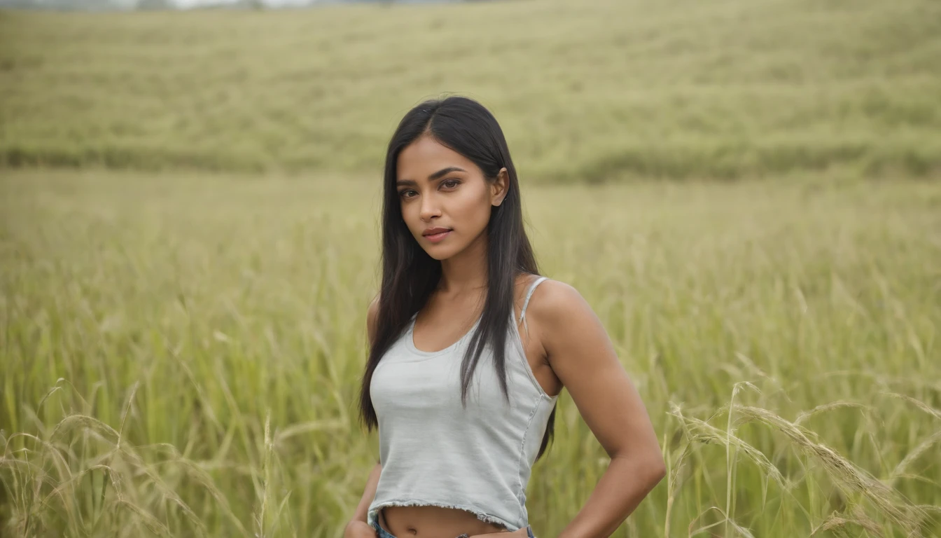 east timorese beauty model long black hair short jeans and tanktop stand in the midel of high grass (full body) best quality 8K, natural ligth, ultra realistic, natural photograpy