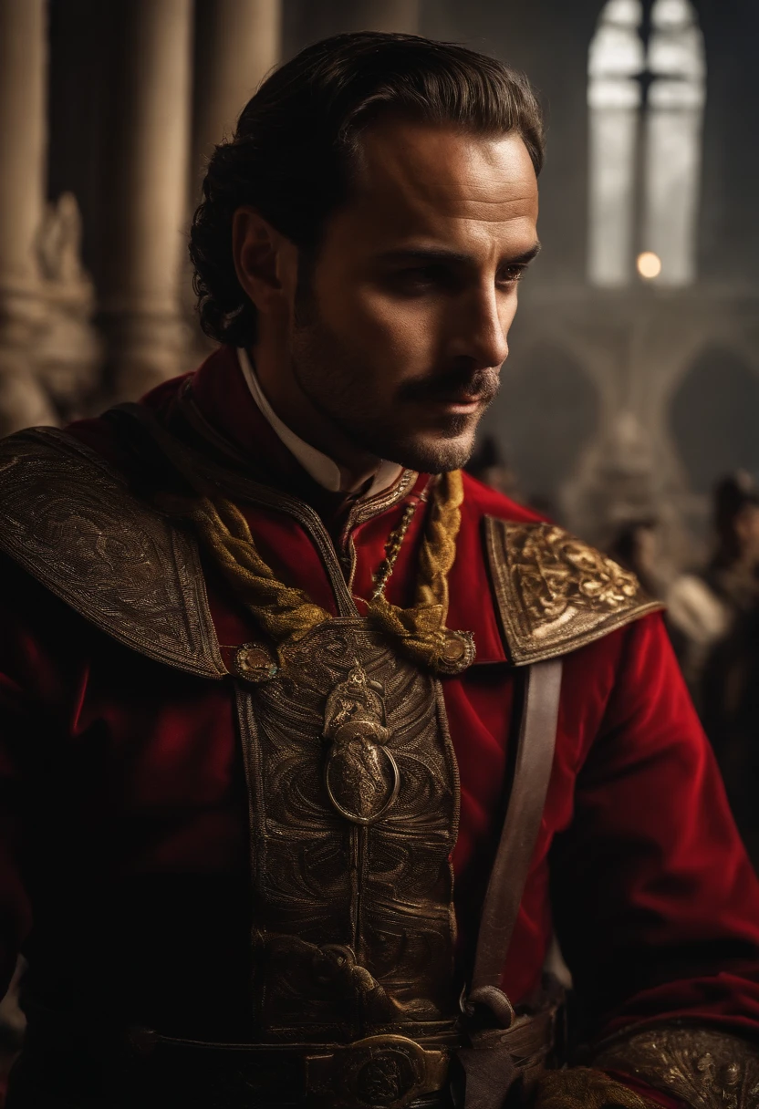 soldado romano segurando uma cruz. Soldado romano bonito com uma cruz. Cruz escrita hoje. Homem bonito. Soldado de Roma. Foto realista.