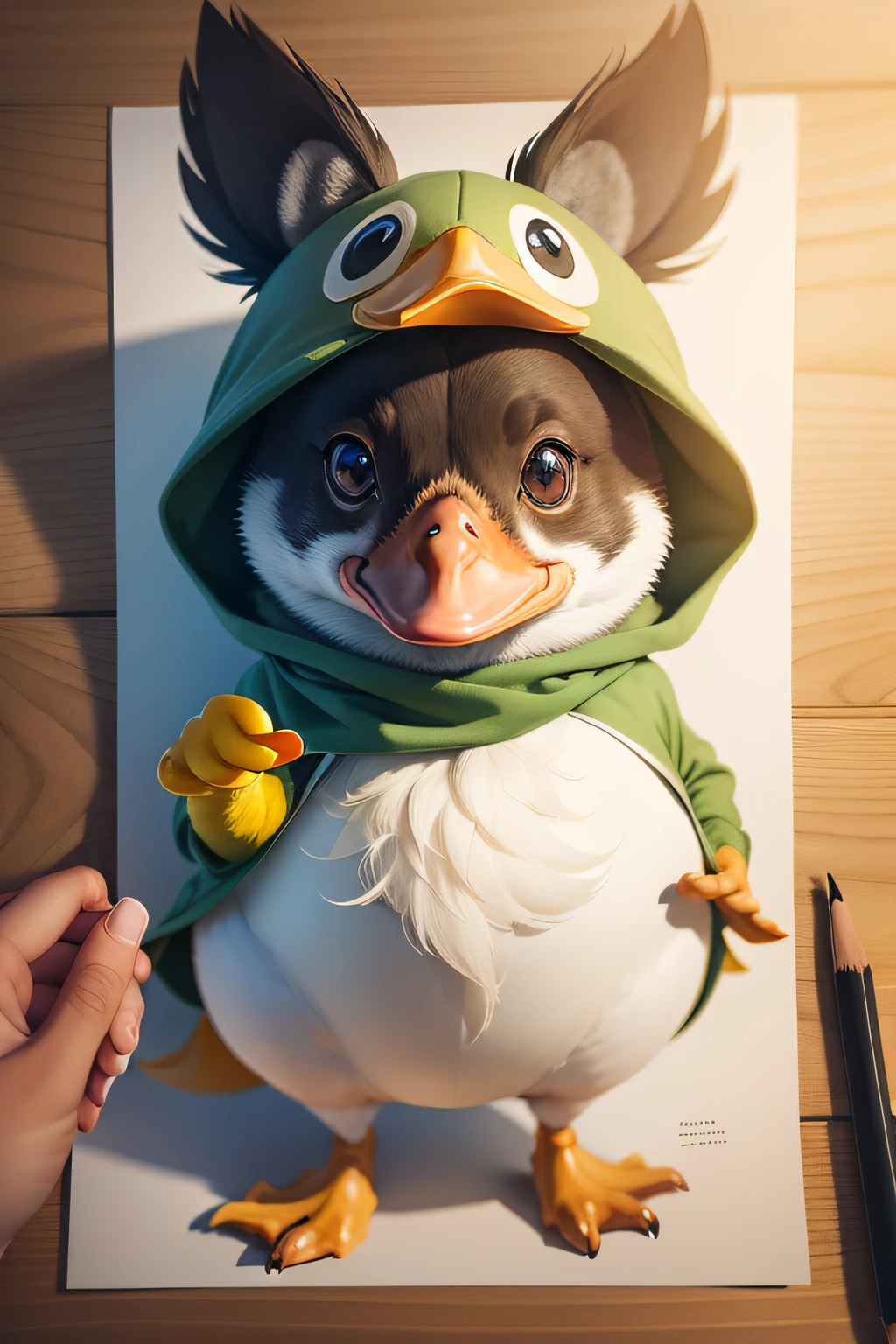 Make the drawing of a duck animal wearing a costume