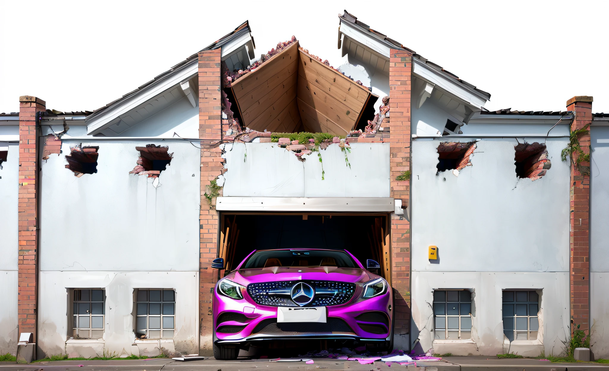 a pink mercedes drove its front through a wall without damage.