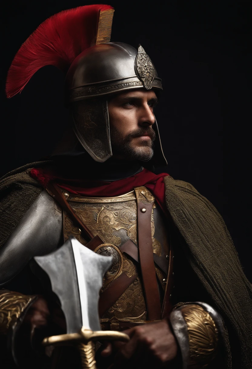 soldado romano segurando uma cruz escrita hoje. Homem bonito com uma armadura. Foto realista. Soldado segurando uma cruz. Soldado Romano. Soldado de Roma