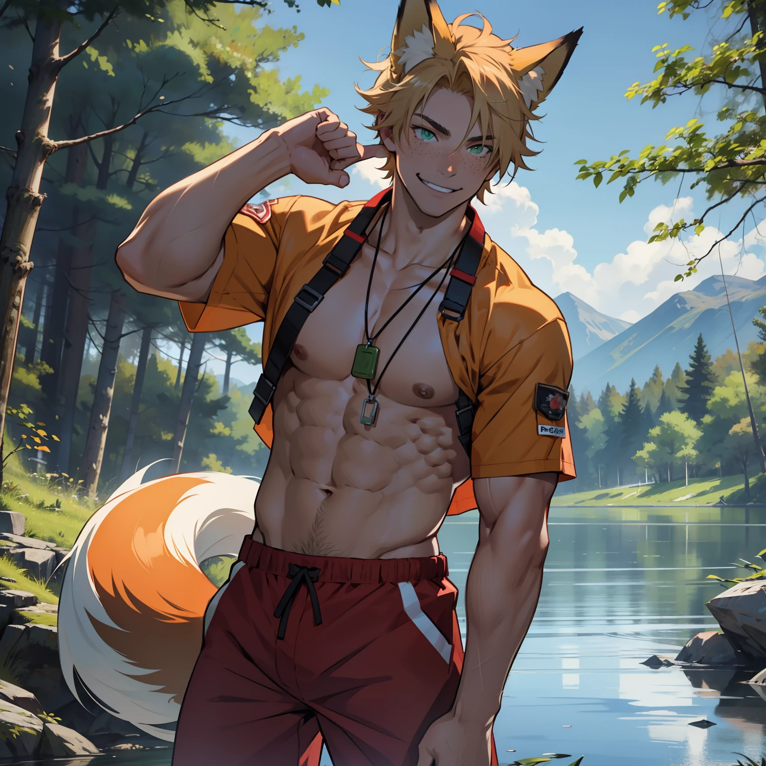 Solo, anime, male, muscular, gringer hair, short hair, fox ears, fox tail, green eyes, faint freckles on face, no body hair, smiling, wearing a lifeguard outfit, wearing dogtags, standing next to a lake in the woods