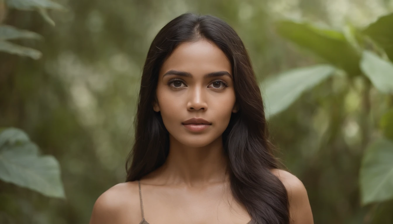 timorese beauty with long black hair stand in the middle of jungle no clothes , best quality, ultra realistic brown skin
, blurry_light_background,