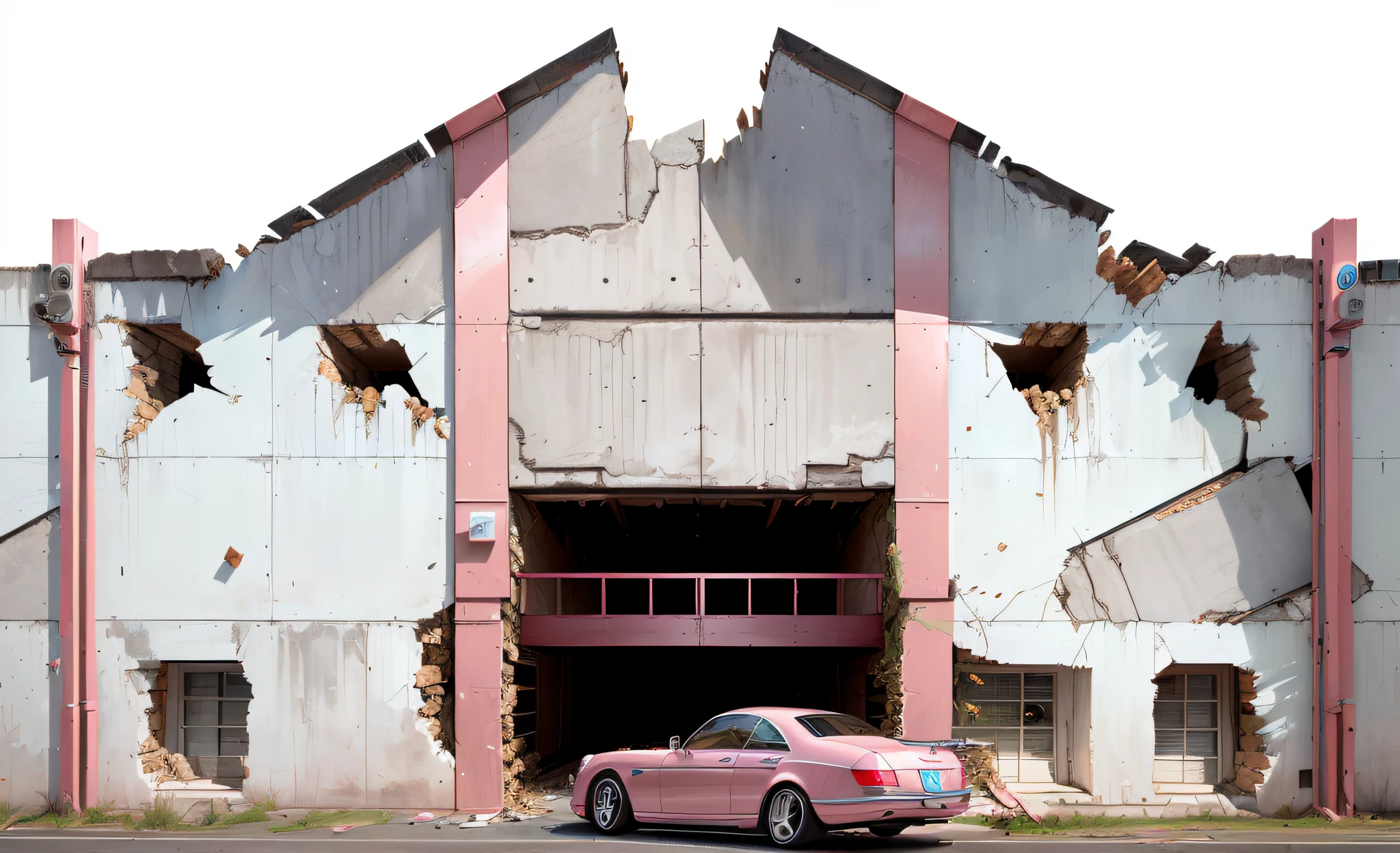 a pink mercedes with an open roof drives through a wall.